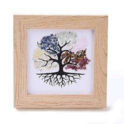 Mixed Stone Tree of Life Gemstone Chips Picture Frame Stand, with Wood Square Frame, Feng Shui Money Tree Picture Frame Home Office Decoration, 66x130x120mm, Inner Diameter: 90x90mm