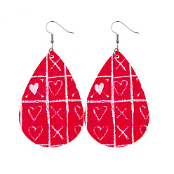 Rectangle Red Imitation Leather Teardrop Dangle Earrings for Valentine's Day, Rectangle Pattern, 80x40mm