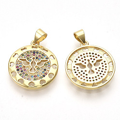 Golden Brass Micro Pave Cubic Zirconia Pendants, Flat Round with Bird, Colorful, Golden, 21.5x18.5x2mm, Hole: 3x4mm