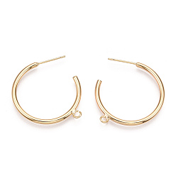 Real 18K Gold Plated Brass Stud Earring Findings, Half Hoop Earrings, with Loop, Nickel Free, Real 18K Gold Plated, 32.5x29x2mm, Hole: 2mm, pin: 0.7mm