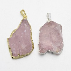 Quartz Rose Madagascar naturel quartz rose plaqué grandes pendentifs, avec les accessoires en laiton, madagascar quartz rose, 40~50x25~30x8~14mm, Trou: 5x8mm
