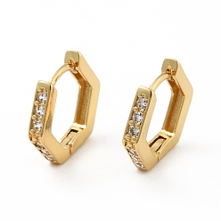 Real 18K Gold Plated Clear Cubic Zirconia Hexagon Hoop Earrings, Brass Jewelry for Women, Real 18K Gold Plated, 12x13.5x2mm, Pin: 0.8mm