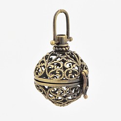 Antique Bronze Vintage Filigree Round Brass Cage Pendants, For Chime Ball Pendant Necklaces Making, Antique Bronze, 43mm, 32x29x25mm, Hole: 7x10mm, 21mm inner diameter