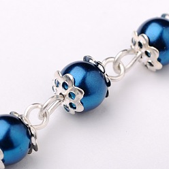 Marine Blue Handmade Round Glass Pearl Beads Chains for Necklaces Bracelets Making, with Iron Beads clasps, Iron Cable Chains and Iron Eye Pin, Unwelded, Silver Color Plated, Marine Blue, 39.3 inch