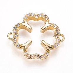 Golden Brass Micro Pave Cubic Zirconia Links, Clover, Clear, Golden, 18.2x15x2.5mm, Hole: 1mm