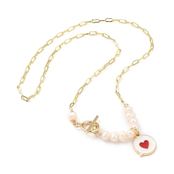 Golden Alloy Enamel Pendant Necklaces, with Natural Pearl Beads, Brass Paperclip Chains and Toggle Clasps, Flat Message Box with Heart, Golden, 17.52 inch(44.5cm)