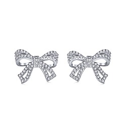 Real Platinum Plated Rhodium Plated 925 Sterling Silver Micro Pave Cubic Zirconia Bowknot Stud Earrings for Woman, Real Platinum Plated, 10.5x13.5mm