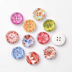 Mixed Color Flat Round 4-Hole Wooden Buttons, Mixed Color, 15x4mm, Hole: 1mm