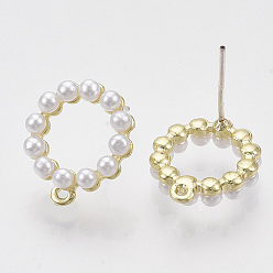 Golden Alloy Stud Earring Findings, with ABS Plastic Imitation Pearl, Raw(Unplated) Pin and Loop, Round Ring, Golden, 15x13mm, Hole: 0.8mm, Pin: 0.7mm
