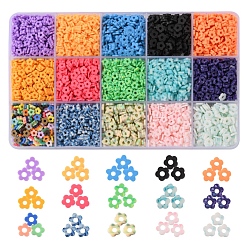 Mixed Color 97.5G 15 Colors Handmade Polymer Clay Beads Set, Flower, Mixed Color, 4~6x4~6x1~1.5mm, Hole: 2mm, 6.5G/color