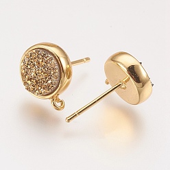 Goldenrod Brass Ear Stud Findings, with Druzy Resin Cabochon and Loop, Flat Round, Golden, Goldenrod, 12.5x10mm, Hole: 1mm, Pin: 0.7mm