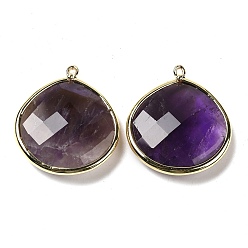 Amethyst Natural Amethyst Pendants, with Golden Brass Edge, Faceted, Undyed, Teardrop, 28x25x6mm, Hole: 1.6mm