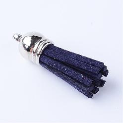Midnight Blue Faux Suede Tassel Pendant Decorations, with CCB Plastic Cord Ends, Platinum, Midnight Blue, 35~37x10mm, Hole: 1.8mm