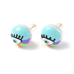 Cyan Natural Shell Eye Stud Earrings with Enamel, Real 18K Gold Plated Brass Jewelry for Women, Cyan, 14mm, Pin: 0.8mm