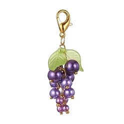 Medium Purple Grape Glass Pendant Decoration, with Acrylic Leaf and Alloy Clasp, Medium Purple, 57~60mm