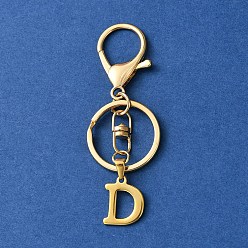 Letter D 304 Stainless Steel Initial Letter Charm Keychains, with Alloy Clasp, Golden, Letter D, 8.5cm