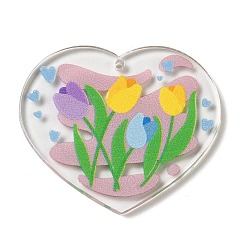Fleur Pendentifs en acrylique sur le thème du cœur imprimé de la saint-valentin, fleur, 32x37.5x2.5mm, Trou: 1.6mm