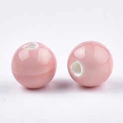 Pink Handmade Porcelain Beads, Bright Glazed Porcelain, Round, Pink, 10~10.5x9.5~10mm, Hole: 2.5~3mm