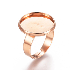 Rose Gold Adjustable 201 Stainless Steel Finger Rings Components, Pad Ring Base Findings, Flat Round, Rose Gold, Tray: 16mm, 18mm