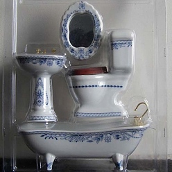 Blanc Ensemble de miroir de baignoire de lavabo de toilette de salle de bains en porcelaine mini, miniature paysage salle de bain modèle maison de poupée accessoires décorations, blanc, 42~52x118x62~88mm, 4 pièces / kit