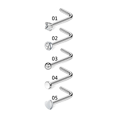 Stainless Steel Color Clear Cubic Zirconia Nose Studs, 316 Surgical Stainless Steel L-Shaped Nose Rings, Piercing Jewelry for Women, Stainless Steel Color, 10mm, 5 Styles, 1Pc/style, 5Pcs