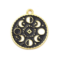 Golden Alloy Enamel Pendants, Flat Round with Moon Phase Charm, Golden, 23x20x1mm, Hole: 2mm