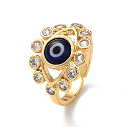 Azul Anillo abierto de murano mal de ojo con circonita cúbica transparente, joyas de latón chapado en oro real 18k para mujer, azul, diámetro interior: 18 mm