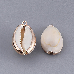 Seashell Color Electroplate Cowrie Shell Pendants, with Iron Findings, Golden, Seashell Color, 22~29x12~19x10~12mm, Hole: 1.6mm