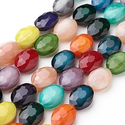 Color mezclado Brillo nacarado hebras de perlas de vidrio chapado, oval con facetas, color mezclado, 16x12x7~7.5 mm, agujero: 1 mm, sobre 24 unidades / cadena, 15 pulgada