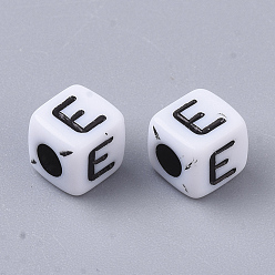 Letter E White Opaque Acrylic Beads, Horizontal Hole, Cube with Black Alphabet, Letter.E, 4~5x4~5x4~5mm, Hole: 1.8mm, about 6470~6500pcs/500g