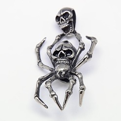 Antique Silver Fashionable Retro Halloween Jewelry 304 Stainless Steel Pendants, Spider and Skull, Antique Silver, 64x30~33x9mm, Hole: 5x12mm