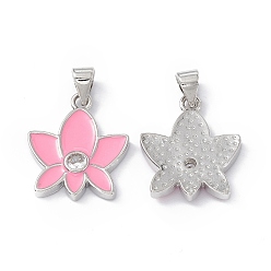 Pearl Pink Rack Plating Brass Enamel Pendants, Micro Pave Clear Cubic Zirconia, Long-Lasting Plated, Lead Free & Cadmium Free, Platinum, Lotus Charm, Pearl Pink, 19x16x3mm, Hole: 4x3.5mm