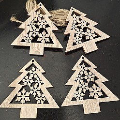 Christmas Tree Unfinished Wood Pendant Decorations, with Hemp Rope, for Christmas Ornaments, Christmas Tree, 7x6.5cm, 10pcs/bag