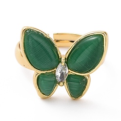 Sea Green Cat Eye Butterfly Adjustable Ring with Clear Cubic Zirconia, Real 18K Gold Plated Brass Jewelry for Women, Cadmium Free & Lead Free, Sea Green, Inner Diameter: 18~21mm