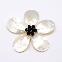 Black Natural White Shell Mother of Pearl Shell Flower Big Pendants, with Platinum Plated Brass Findings and Faceted Rondelle Glass Beads, Black, 43x46x14mm, Hole: 4x7mm