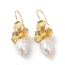 Chapado en Oro Real 18K Aretes colgantes de flor de perla de imitación abs, joyería de latón chapado en rack para mujer, real 18 k chapado en oro, 44~45 mm, pin: 1 mm