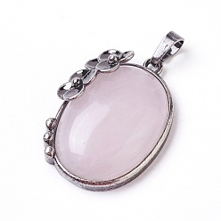 Rose Quartz Natural Rose Quartz Pendants, with Brass Findings, Oval with Flower, Antique Silver, 35x26.5x9mm, Hole: 7x5mm