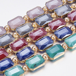 Mixed Color Opaque Glass Beads Strands, with Brass Findings, Pearl Luster Plated, Faceted, Rectangle, Mixed Color, 13x18x7mm, Hole: 1mm, about 10pcs/strand, 9 inch (23cm)
