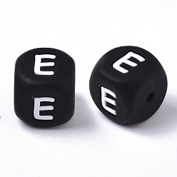 Letter E Food Grade Eco-Friendly Silicone Beads, Horizontal Hole, Chewing Beads For Teethers, DIY Nursing Necklaces Making, Cube, Black, Letter.E, 12x12x12mm, Hole: 2mm