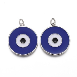 Real Platinum Plated Brass Enamel Pendants, with Jump Rings, Long-Lasting Plated, Flat Round with Midnight Blue Evil Eye, Real Platinum Plated, 22.5x20x2~2.5mm, Hole: 3mm