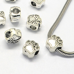 Antique Silver Alloy European Beads, Enamel Settings, Large Hole Beads, Dog Paw Prints, Antique Silver, 11.5x10.5x7.5mm, Hole: 5mm