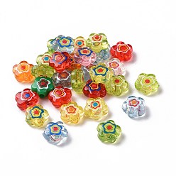 Color mezclado Perlas acrílicas transparentes impresas, flor, color mezclado, 9.5x9.5x4.5 mm, agujero: 1.8 mm