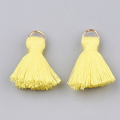 Yellow Polycotton(Polyester Cotton) Tassel Pendant Decorations, with Iron Findings, Light Gold, Yellow, 20~30x7~8mm, Hole: 5mm
