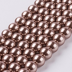 Brun Saddle Brins de perles rondes en verre teinté écologique, Grade a, cordon en coton fileté, selle marron, 10mm, Trou: 0.7~1.1mm, Environ 42 pcs/chapelet, 15 pouce