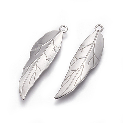 Stainless Steel Color 201 Stainless Steel Pendants, Leaf, Stainless Steel Color, 38x9.5x0.7mm, Hole: 1.8mm