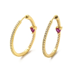 Fuchsia Cubic Zirconia Heart Hoop Earrings, Real 18K Gold Plated Brass Jewelry for Women, Fuchsia, 30x1.5~4.5mm, Pin: 1mm