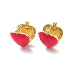 Cerise Enamel Heart Hoop Earrings, Golden Brass Jewelry for Women, Cerise, 17.5x14.5x16.5mm, Pin: 1mm
