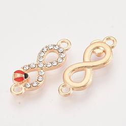 Light Gold Alloy Rhinestone Links connectors, Enamel Style, Infinity with Ladybird, Dark Red, Light Gold, 23x8x3mm, Hole: 1.5mm