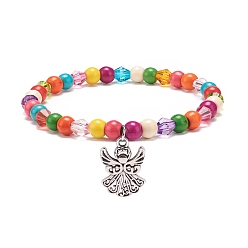Angel & Fairy Synthetic Turquoise(Dyed) & Acrylic Beaded Stretch Bracelet with Alloy Charm for Women, Colorful, Angel & Fairy Pattern, Pendant: 20x14x1mm, Inner Diameter: 2-1/8 inch(5.5cm)