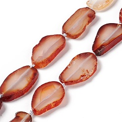 Orange Red Natural Agate Beads Strands, Dyed, Nuggets, Orange Red, 26.5~47x16~28x5~6mm, Hole: 2.5mm, about 10~14pcs/strand, 15.75~17.32 inch(40~44cm)